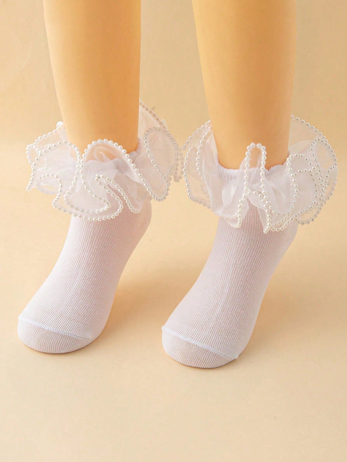 1 Pair Girls' Middle & Big Kids' Gold Silk Dancing Socks With Elegant Floral Lace, Princess Style Short Socks For Party Outfit