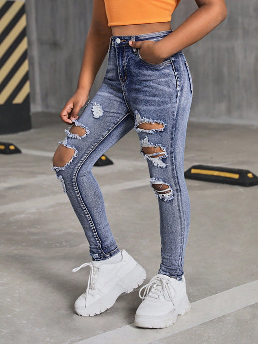 Tween Girls' Stonewashed High Waist Ripped Raw Trim Skinny Jeans Ripped Jeans