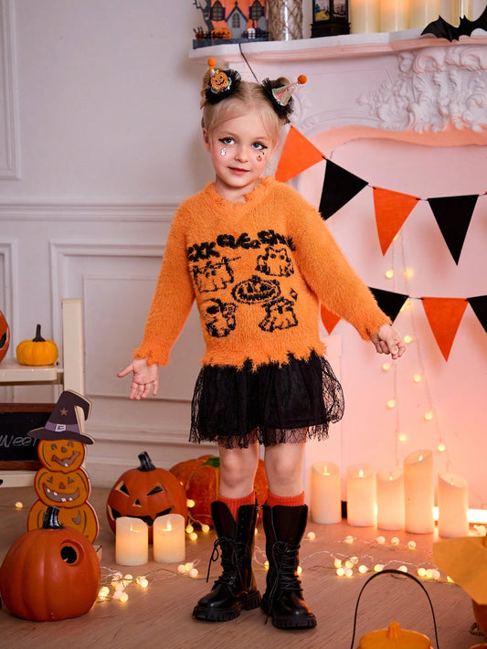 Toddler Girls' Fashion Trendy V-Neck Long Sleeve Distressed Sweater, Halloween Festival Knitwear