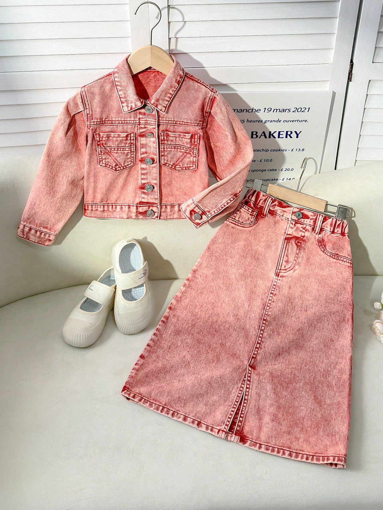 Girls Burgundy Fashion Distressed Denim Jacket With Split Maxi Skirt 2pcs Set