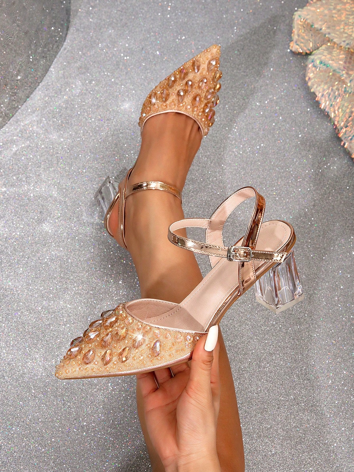 Ladies' Pointed Toe High Heels, Transparent Glass Glue Patchwork, Crystal Studded Decorative, Chunky Heeled, Elegant And Gorgeous Hollow Out Sandals