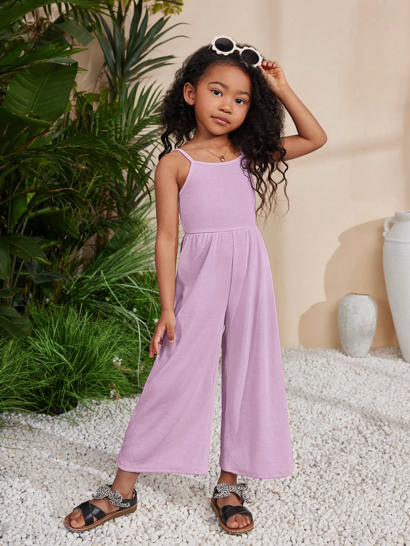 Young Girl Spring/Summer Knit Solid Color Spaghetti Strap Jumpsuit For Holiday & Leisure