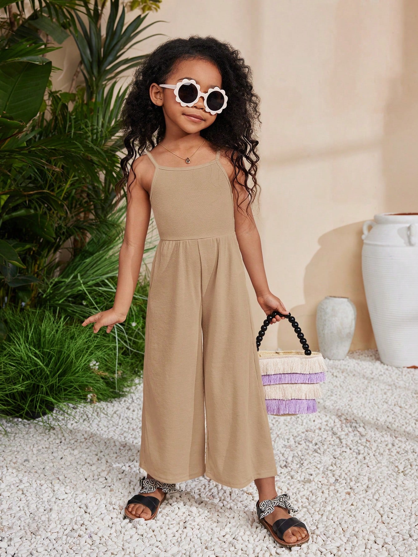 Young Girl Spring/Summer Knit Solid Color Spaghetti Strap Jumpsuit For Holiday & Leisure