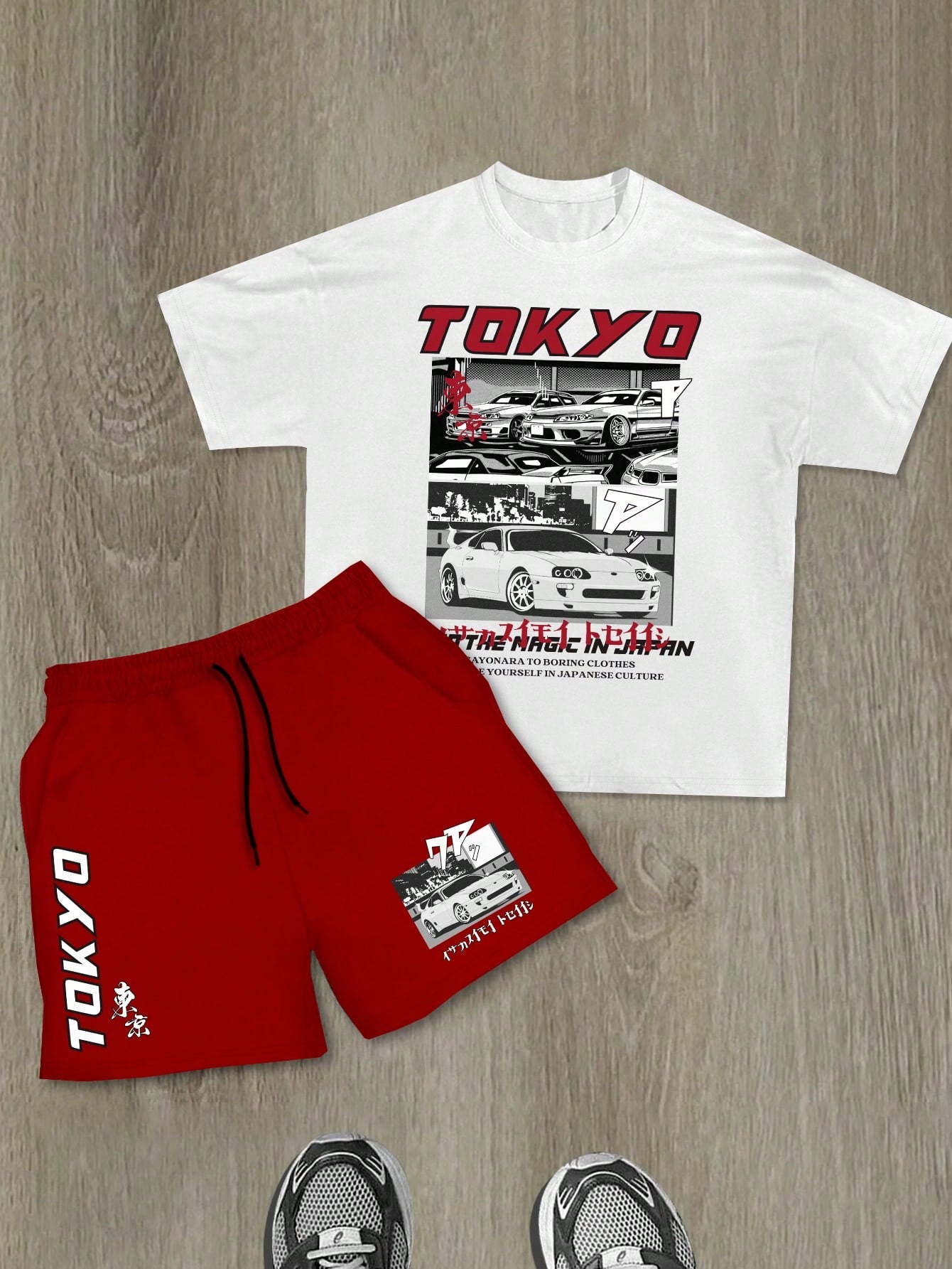 Men's Racing Car Pattern Drop Shoulder T-Shirt And Shorts Set