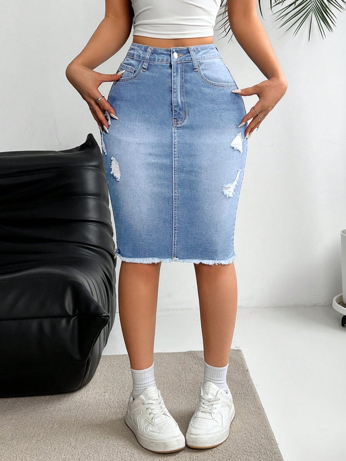 Summer Casual Distressed Frayed Hem Slim Fit Denim Skirt