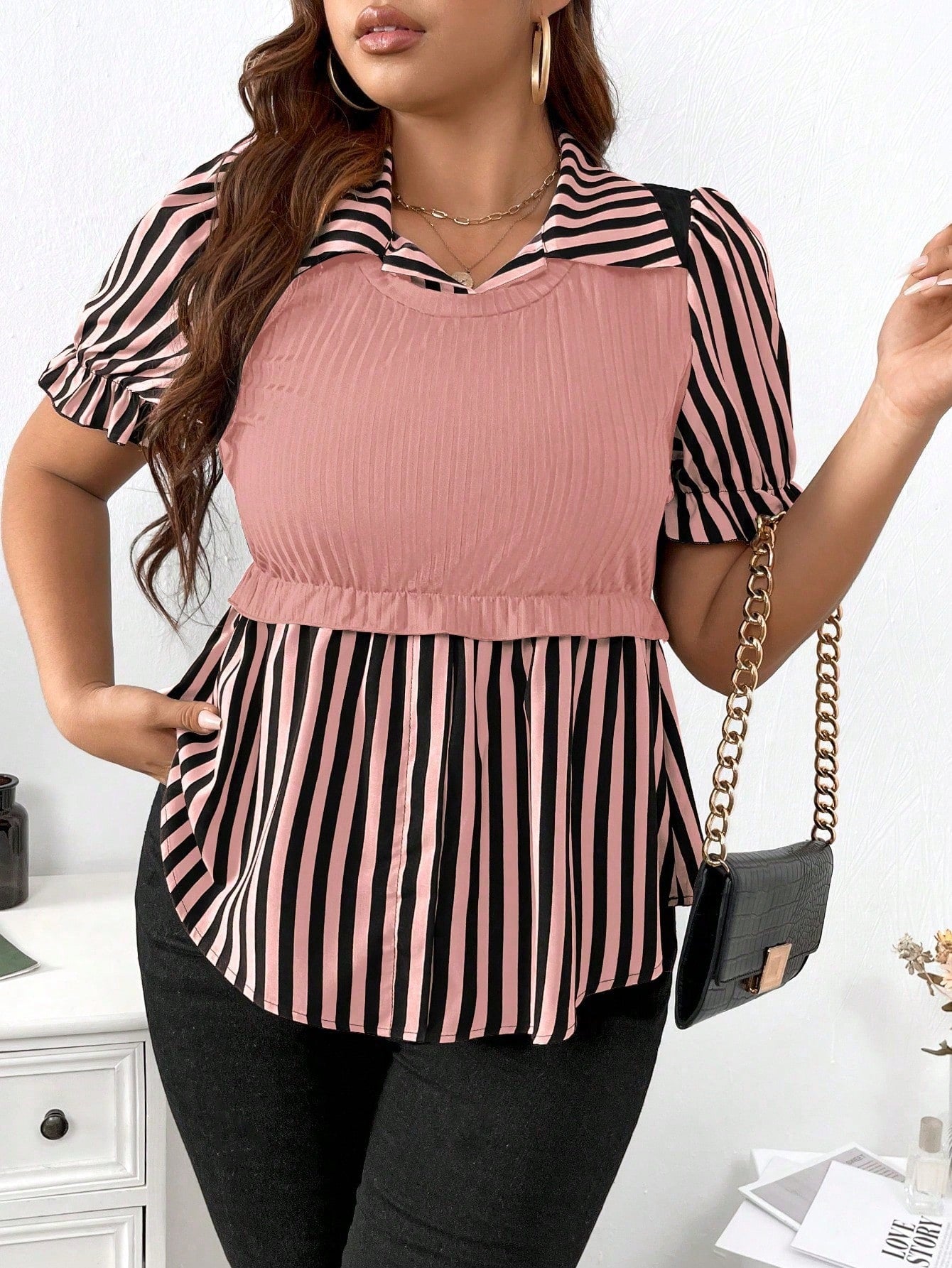 Plus Striped Print Puff Sleeve Peplum Top