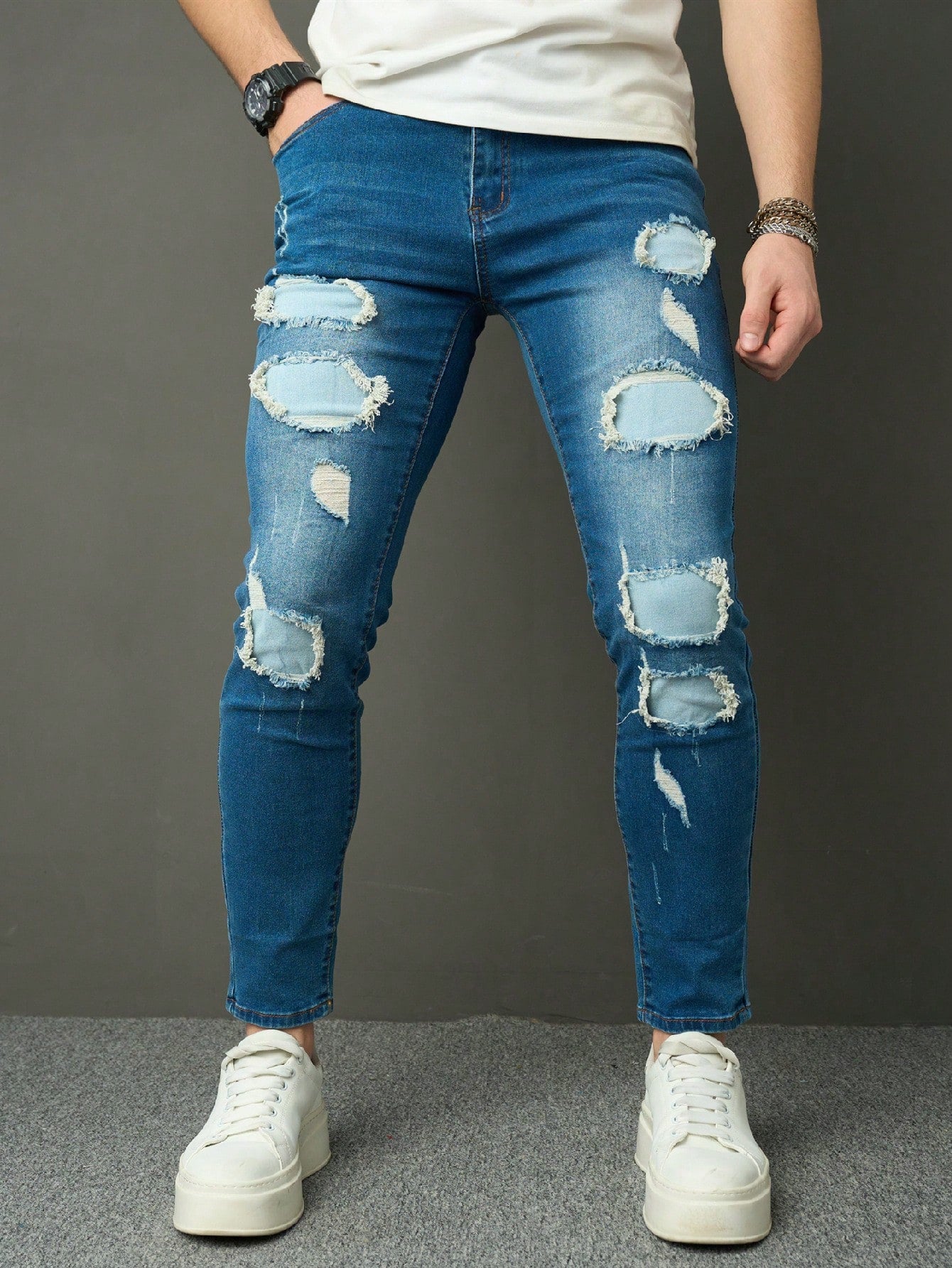 Men Cotton Ripped Skinny Jeans Slim Fit Long Frayed Jean Cargo Plain Light Blue Going Out Rock And Roll Rapper