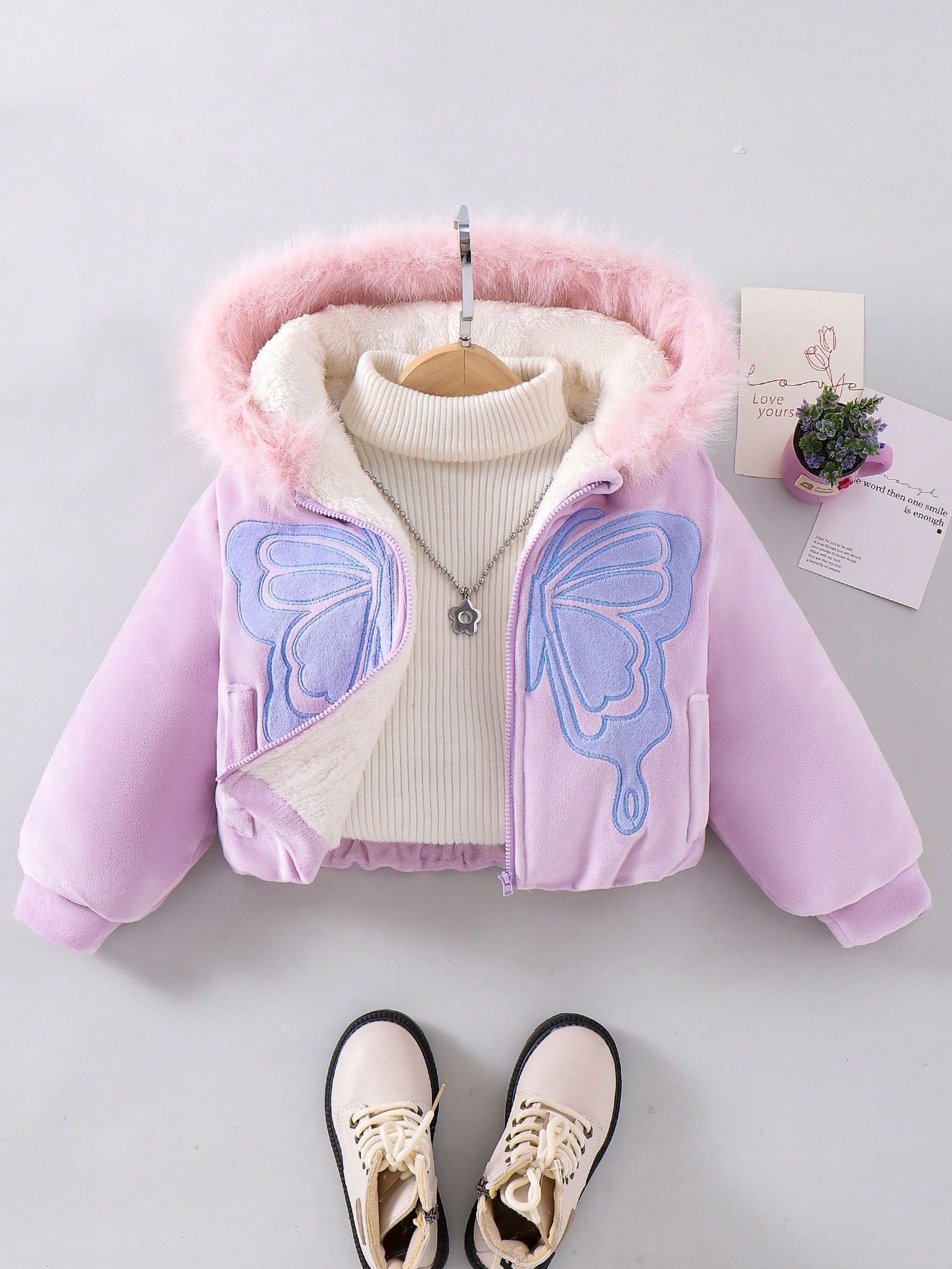 Young Girl Zipper Butterfly Pattern Fuzzy Trim Hooded Padded Coat, Cute Clothes