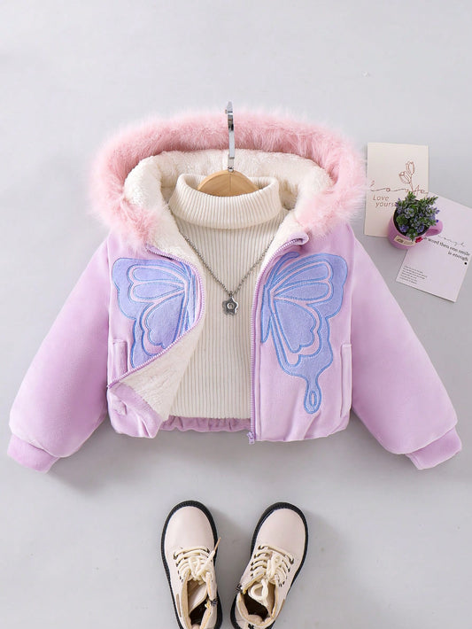 Young Girl Zipper Butterfly Pattern Fuzzy Trim Hooded Padded Coat, Cute Clothes