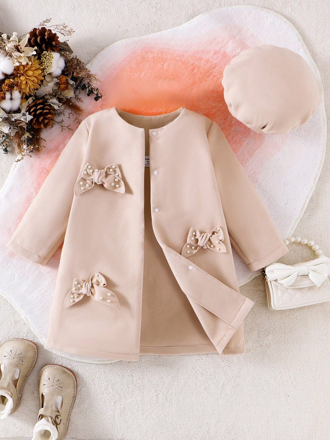 Little Girls Casual Pearl Beaded Bowknot Wool Blend Jacket