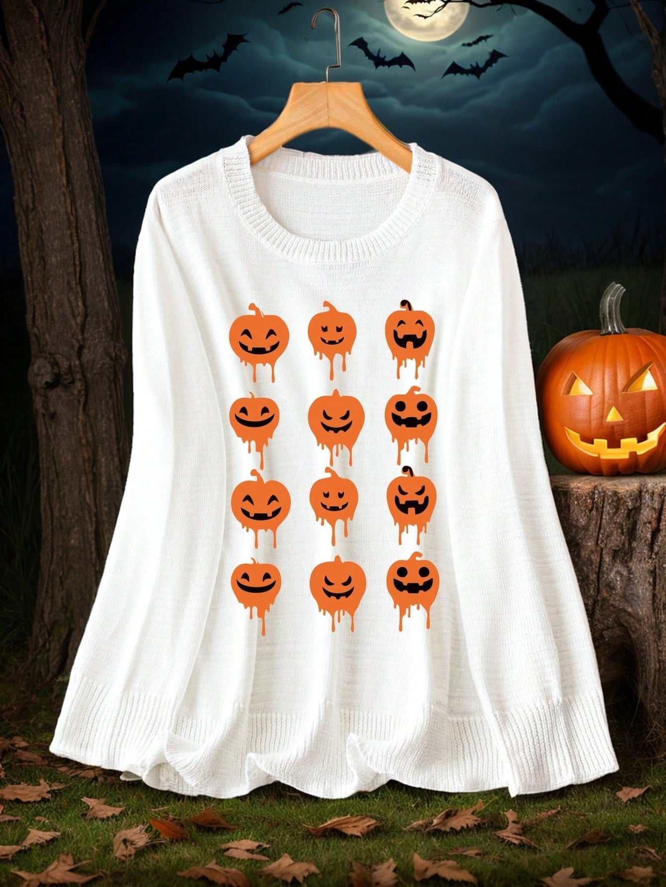 Plus Size Pumpkin Print Sweater For Halloween