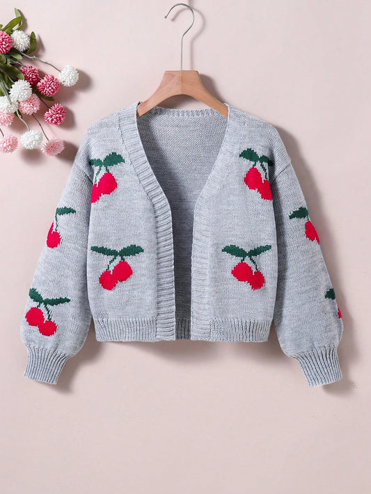 Women's Large Size Cherry Print Casual Cardigan