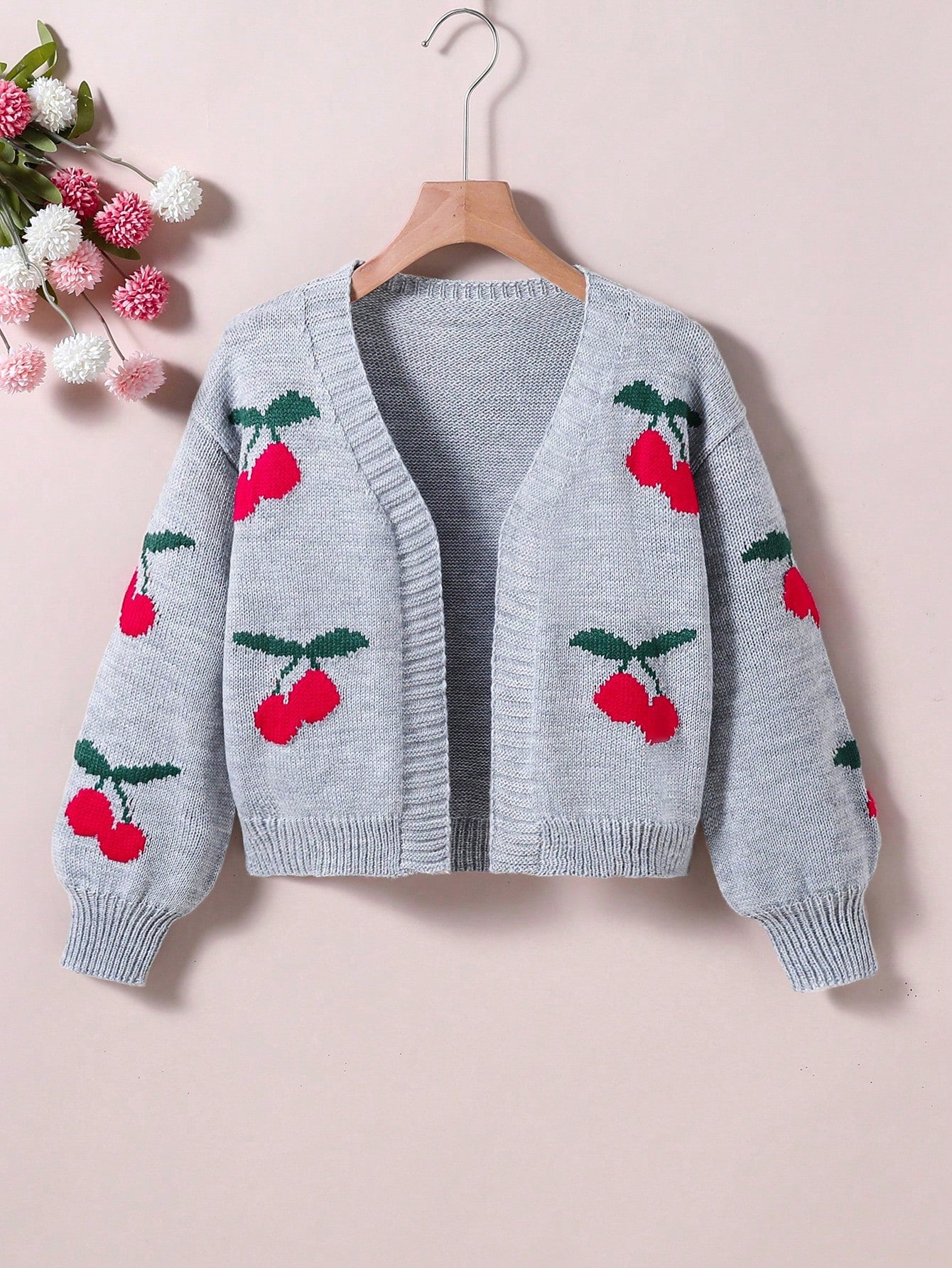 Tween Girl Cherry Pattern Drop Shoulder Duster Cardigan