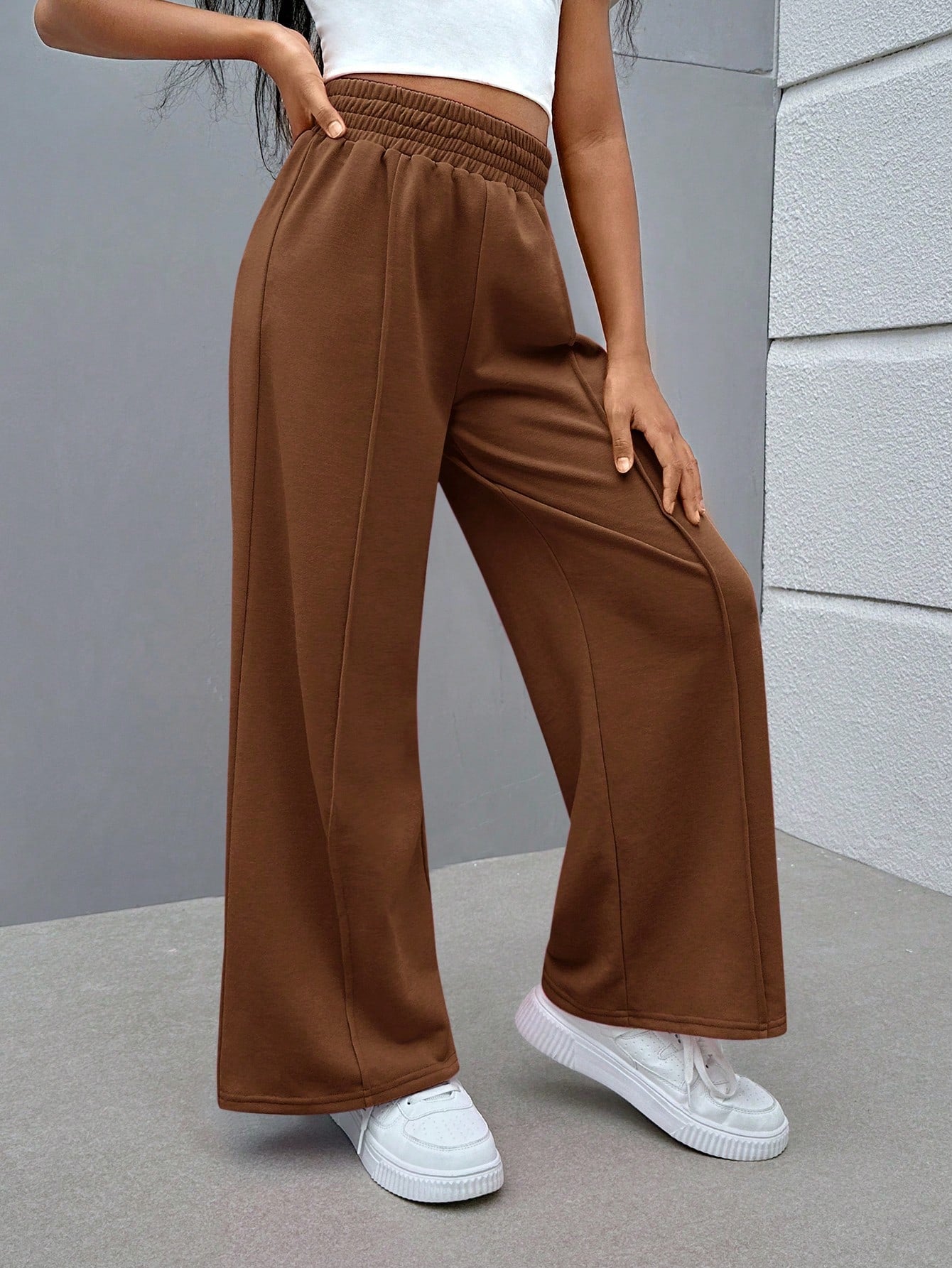 Tweed Girl Street Style Knit Solid Color Loose Straight Casual Pants