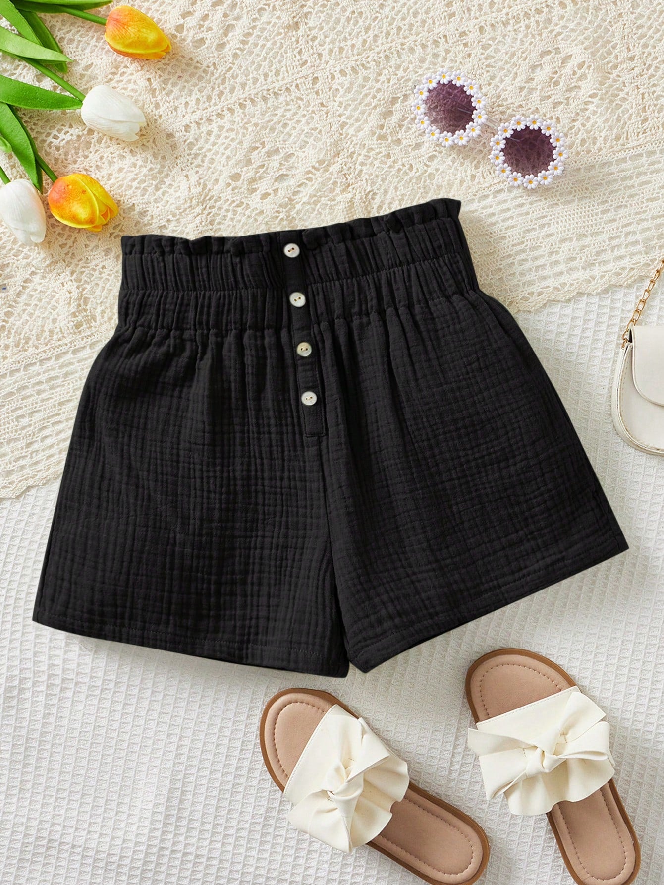 Tween Girl Solid Color Loose Fit Shorts With Ruffle Hem And Button Decoration On The Front Waistband, Perfect For Vacations