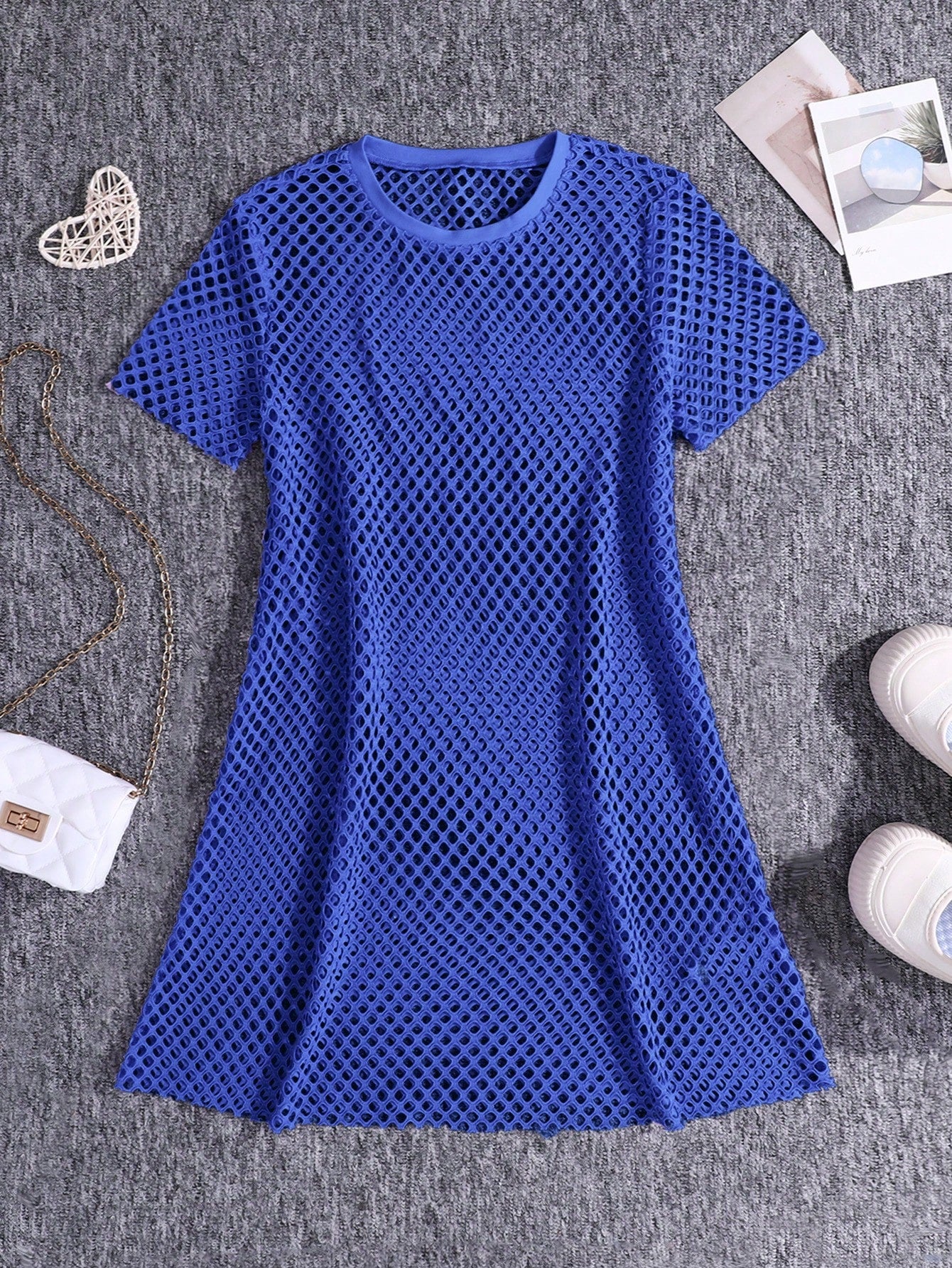 Tween Girl's Casual Knitted Mesh Round Neck Short Sleeve Cover Up