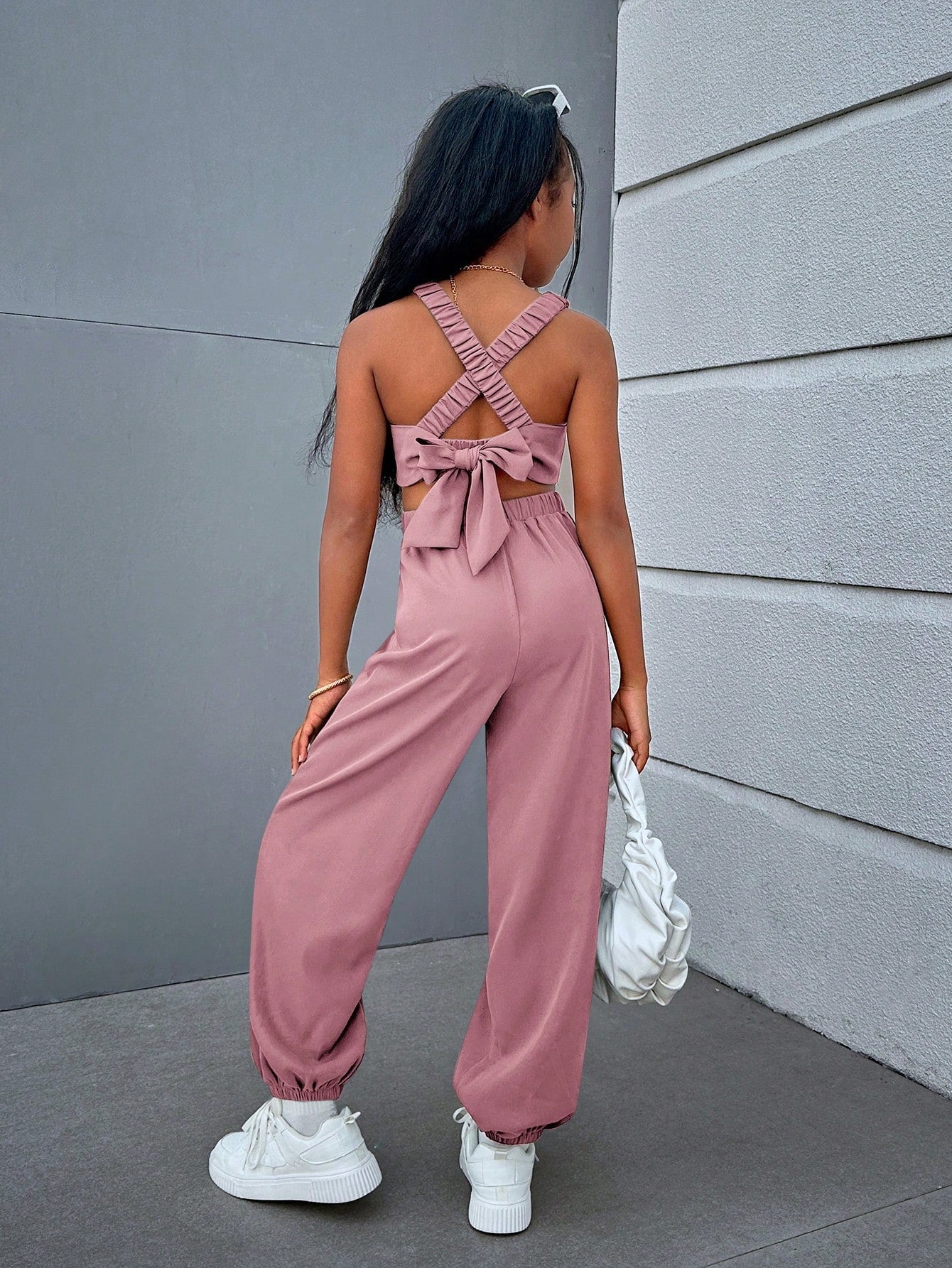 Tween Girl Cool & Trendy Street-Style Woven Solid Color Jumpsuit With Cross Back Straps And Open Back, Spring/Summer