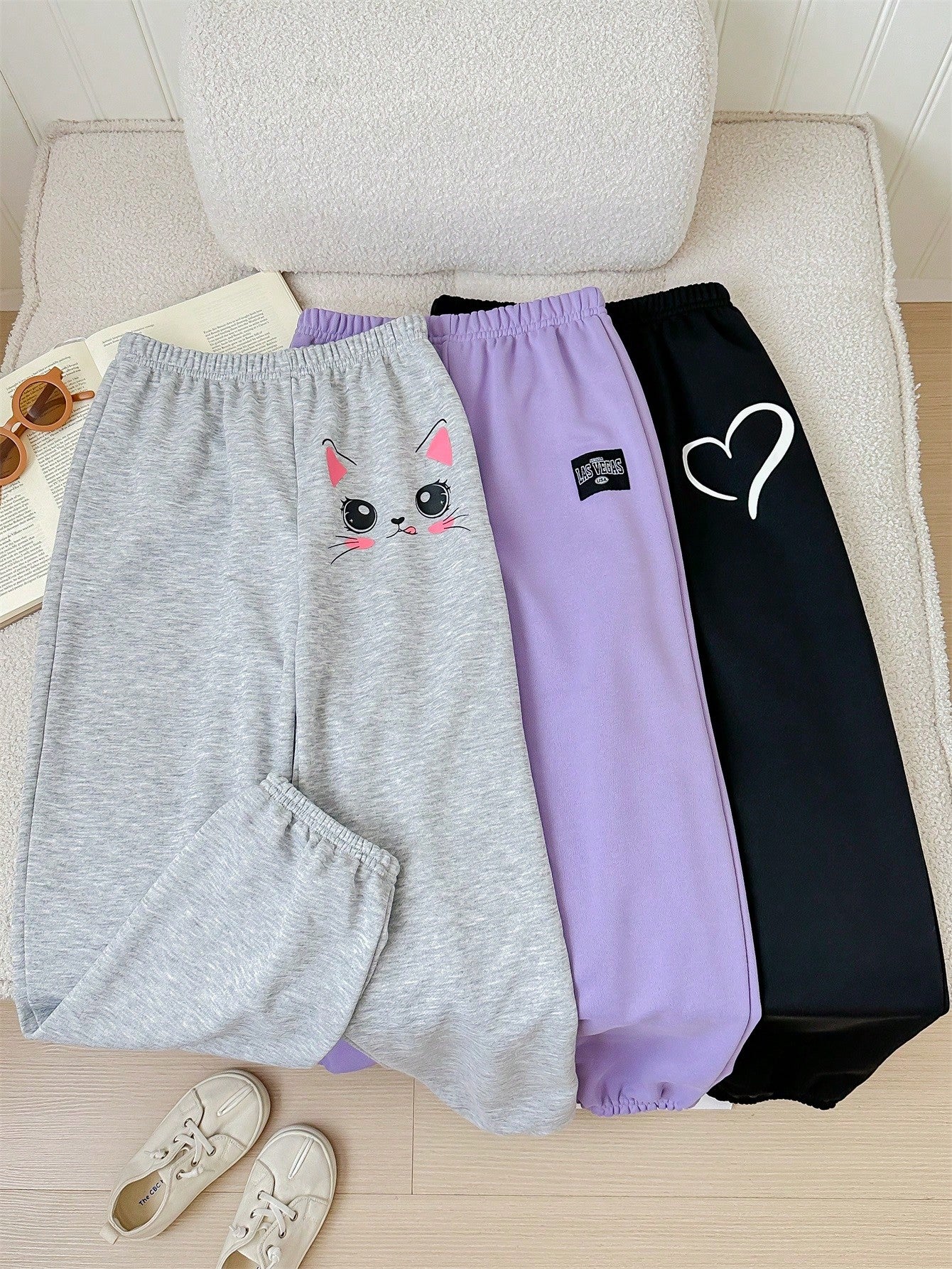 3pcs/Set Tween Girls' Sports Streetwear Knitted Drawstring Jogger Pants