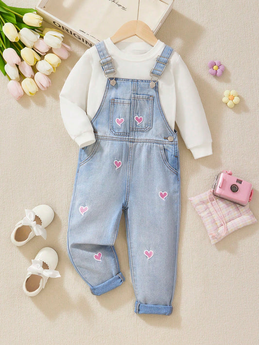 Girls' New Style Love Embroidery Casual Versatile Denim Backpack Pants