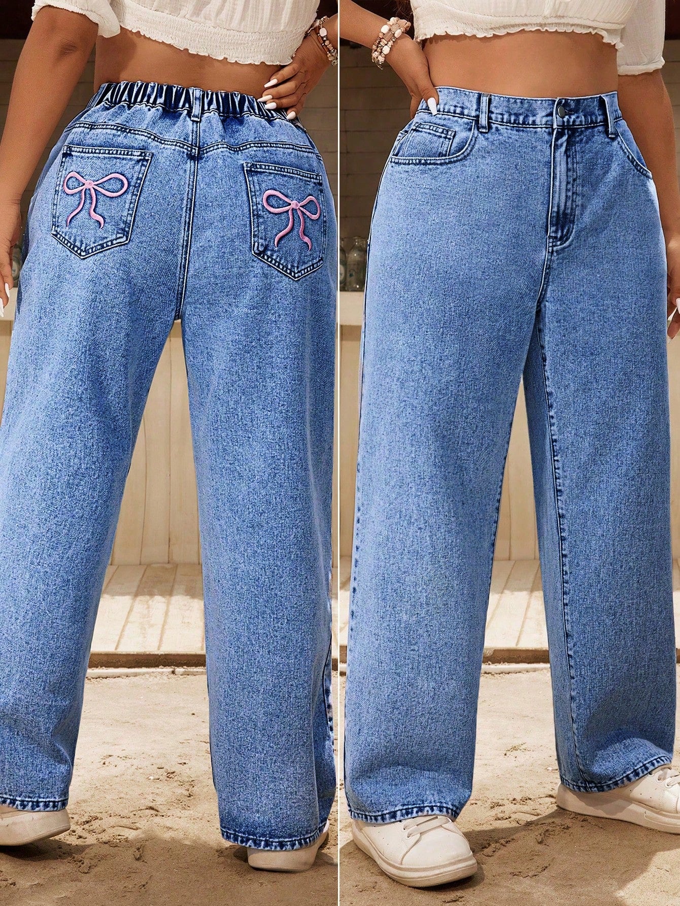 Plus Size Vacation & Casual Embroidered Bowknot Straight Jeans