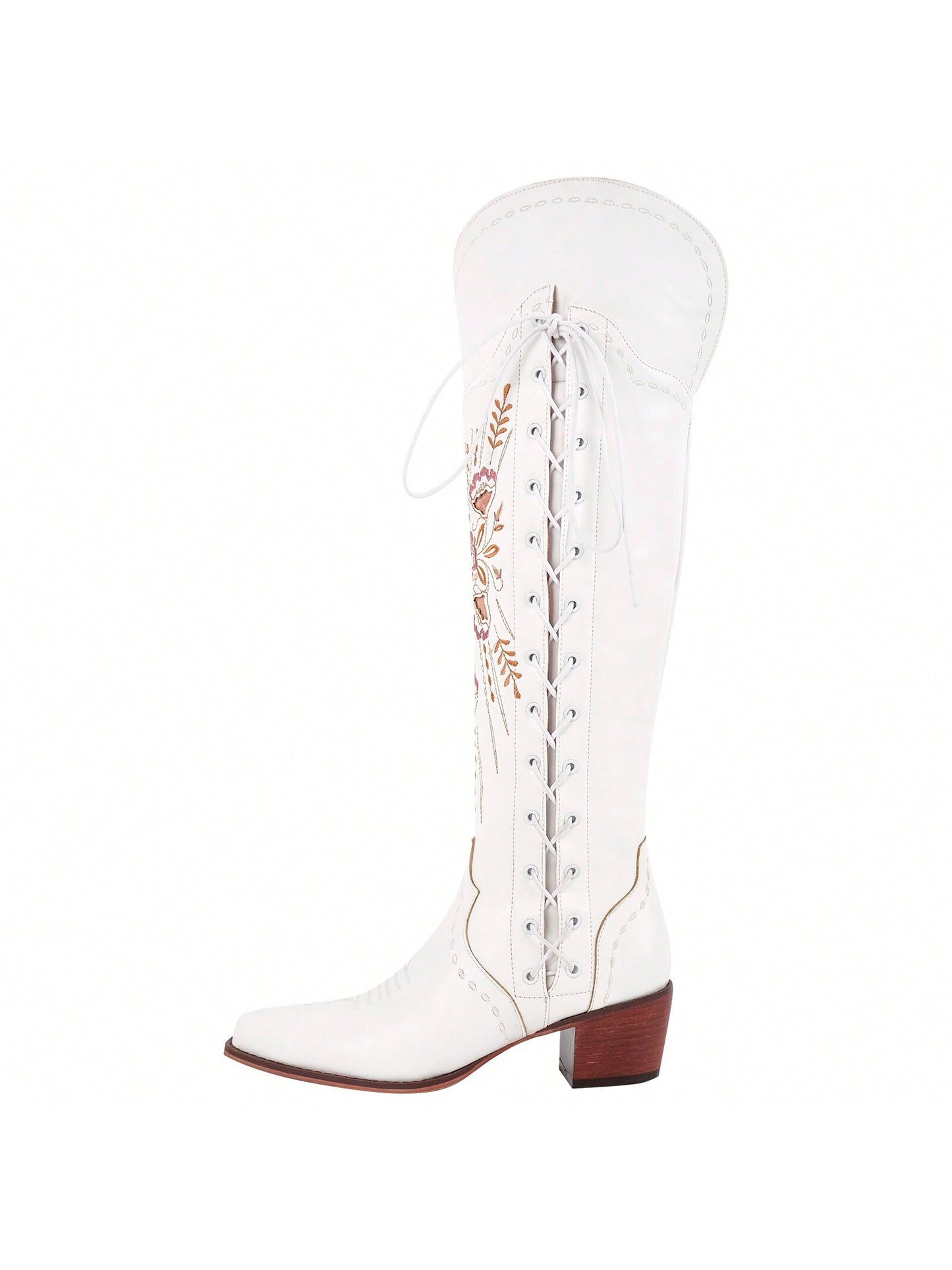 Cowboy Boots For Women Wide Calf Embroidered Western Cowgirl Boots Pointed Toe Over-The-Knee High Lace-Up Boots