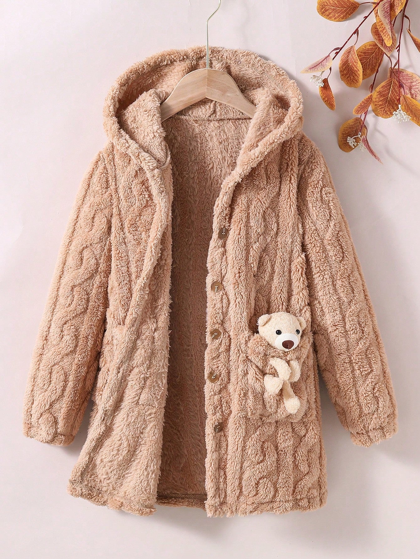 Tween Girl Autumn And Winter Leisure 3D Bear Decorated Plush Hooded Jacket