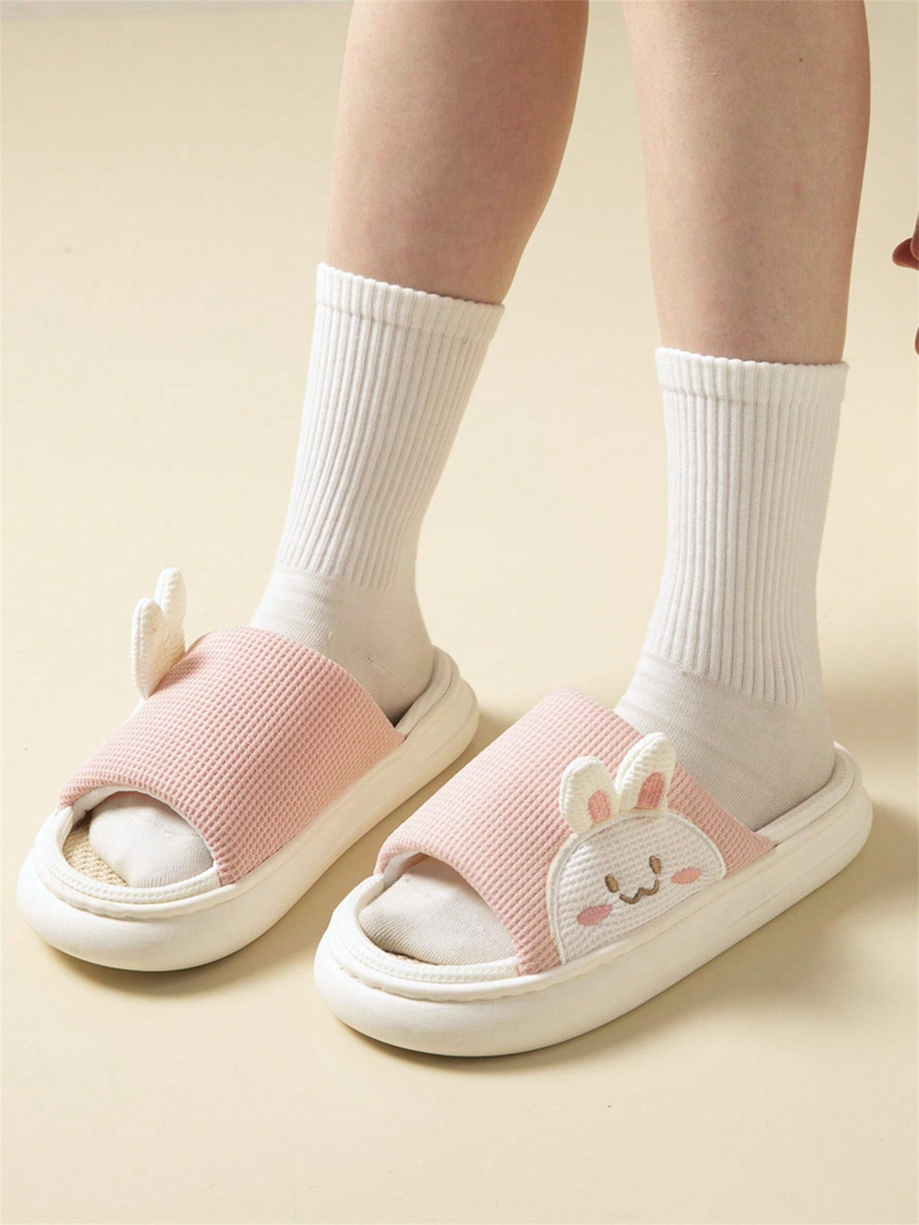 Cute Anti-Slip Thick-Soled Animal Open-Toe Slippers For Couples, Women And Men, For Indoor House Use, Beige, Suitable For All Seasons