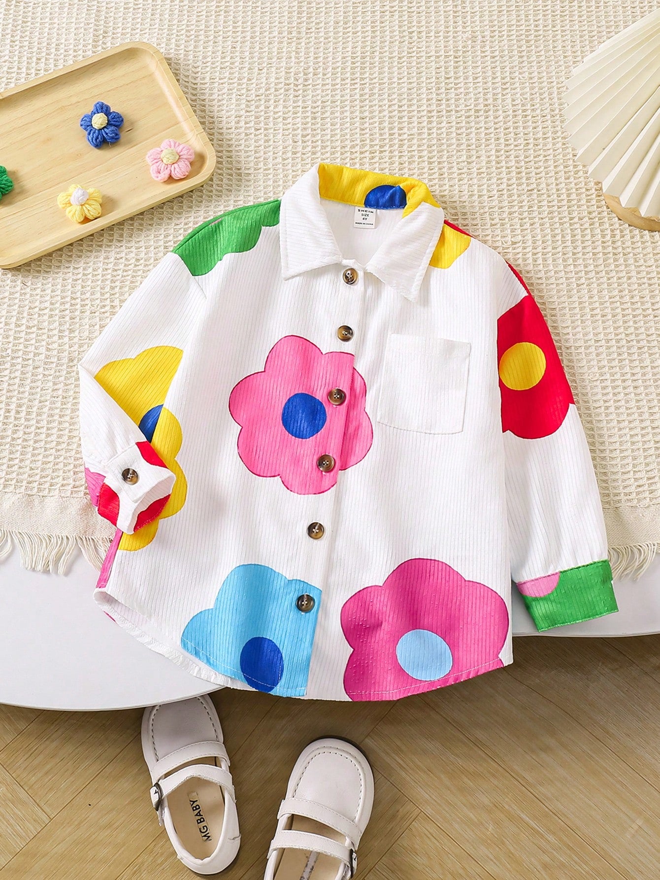 Young Girl's Loose Corduroy Casual Jacket With Woven Flower Print And Turn-Down Collar