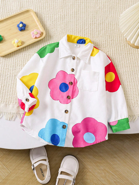 Young Girl's Loose Corduroy Casual Jacket With Woven Flower Print And Turn-Down Collar