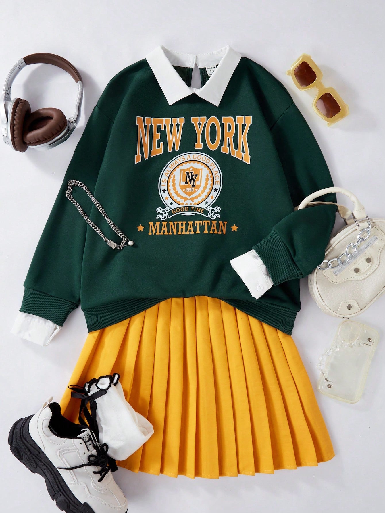 Tween Girl Spring Fashion Loose Fit POLO Collar Sweatshirt Skirt Set, Chic Design With Pleated Skirt