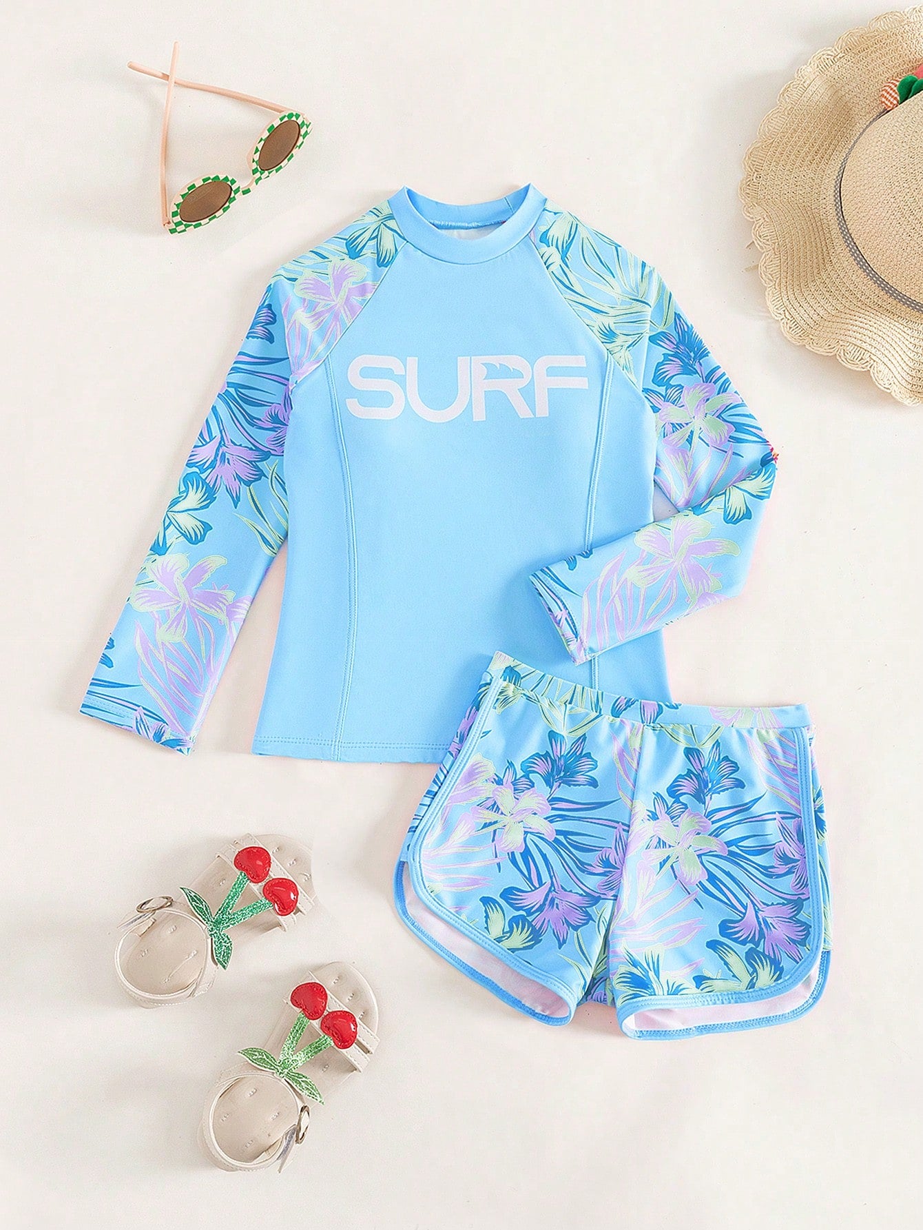 Tween Girl Tropical Print High Neck Shorts Tankini Summer Beach