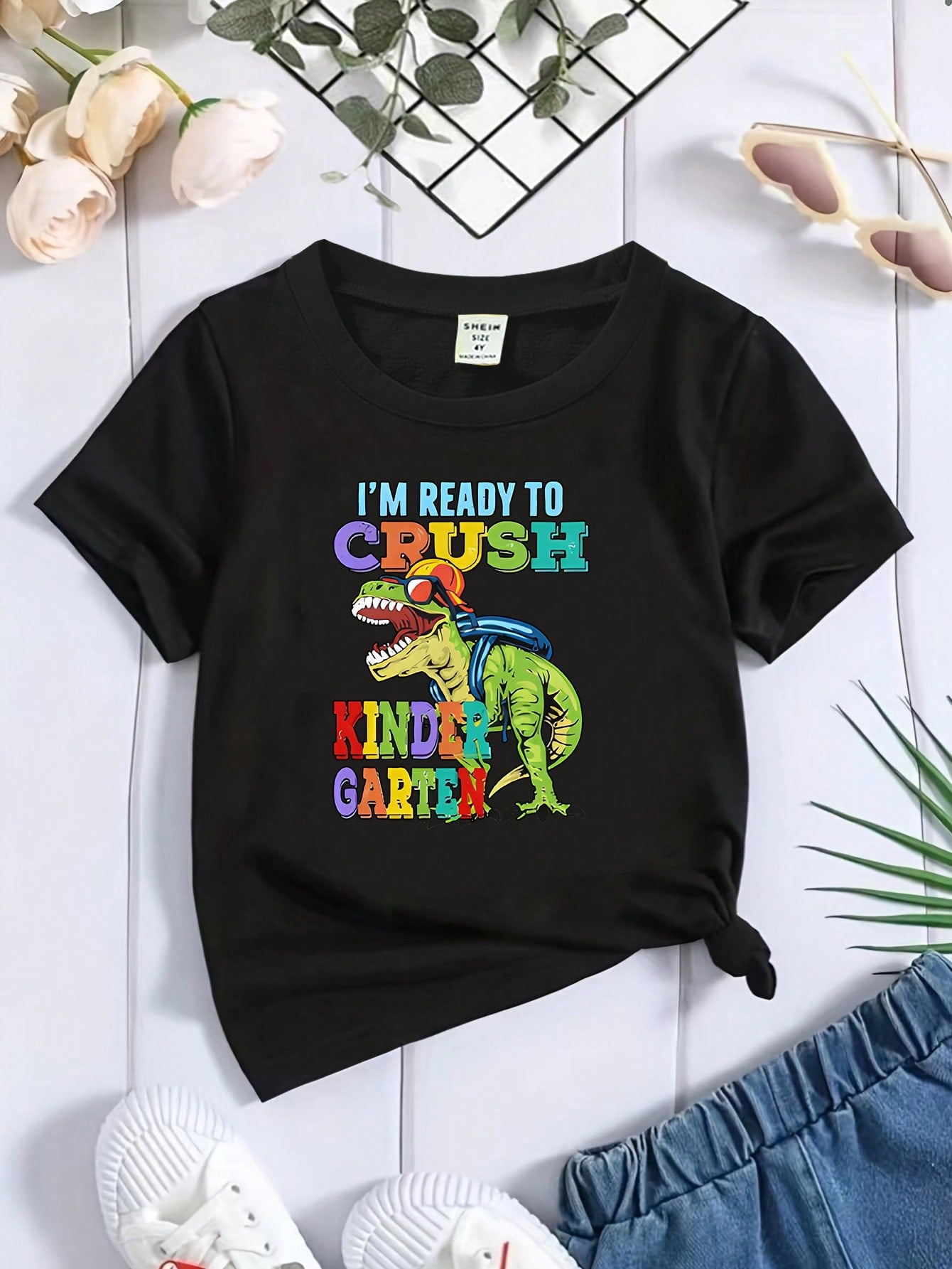 Young Boy Casual Cartoon Dinosaur & Letter Printed Short Sleeve T-Shirt, Summer