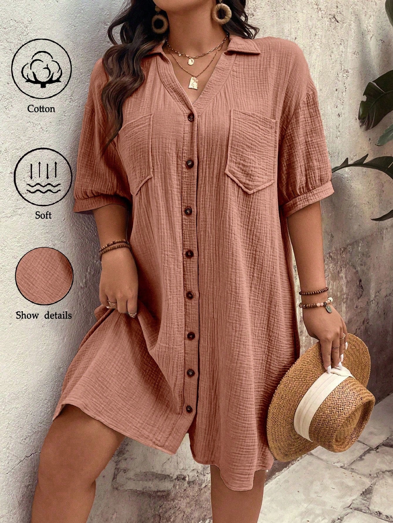 Plus Size Women's Summer Solid Color Drop Shoulder Pocket Casual Shirt Dress