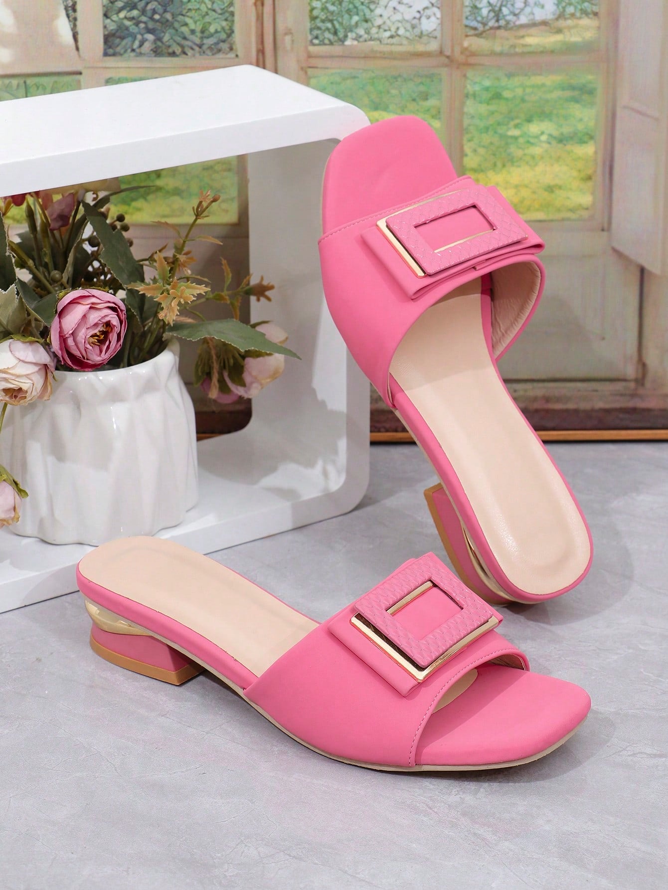 Women Vacation Style Open Toe Buckle Ankle Strap Solid Color Sandals Summer Chunky Low Heel Square Toe Sandals