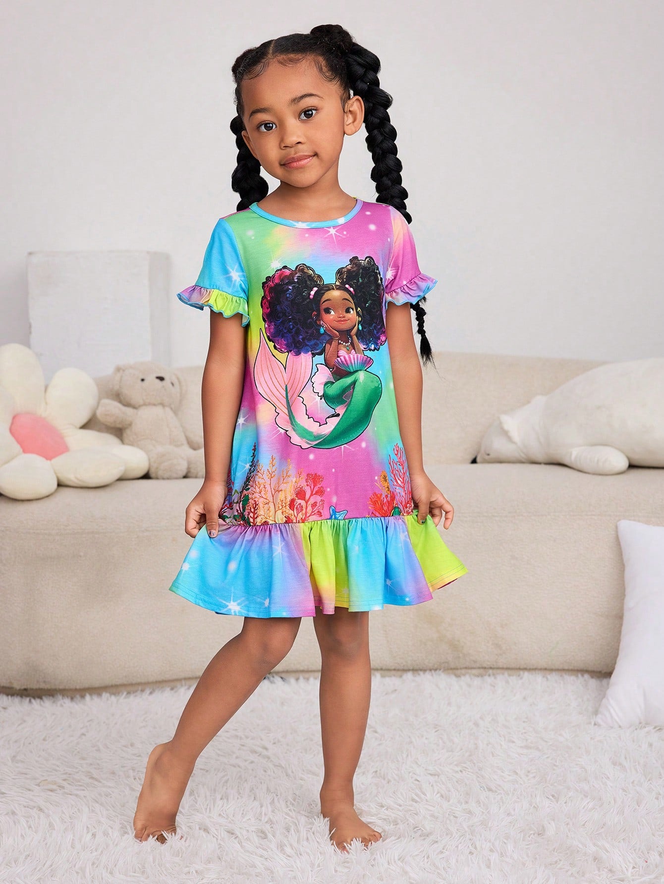 Young Girl Cute Cartoon Short Sleeve Knit Sleep Dress With Ruffled Hem For Summer