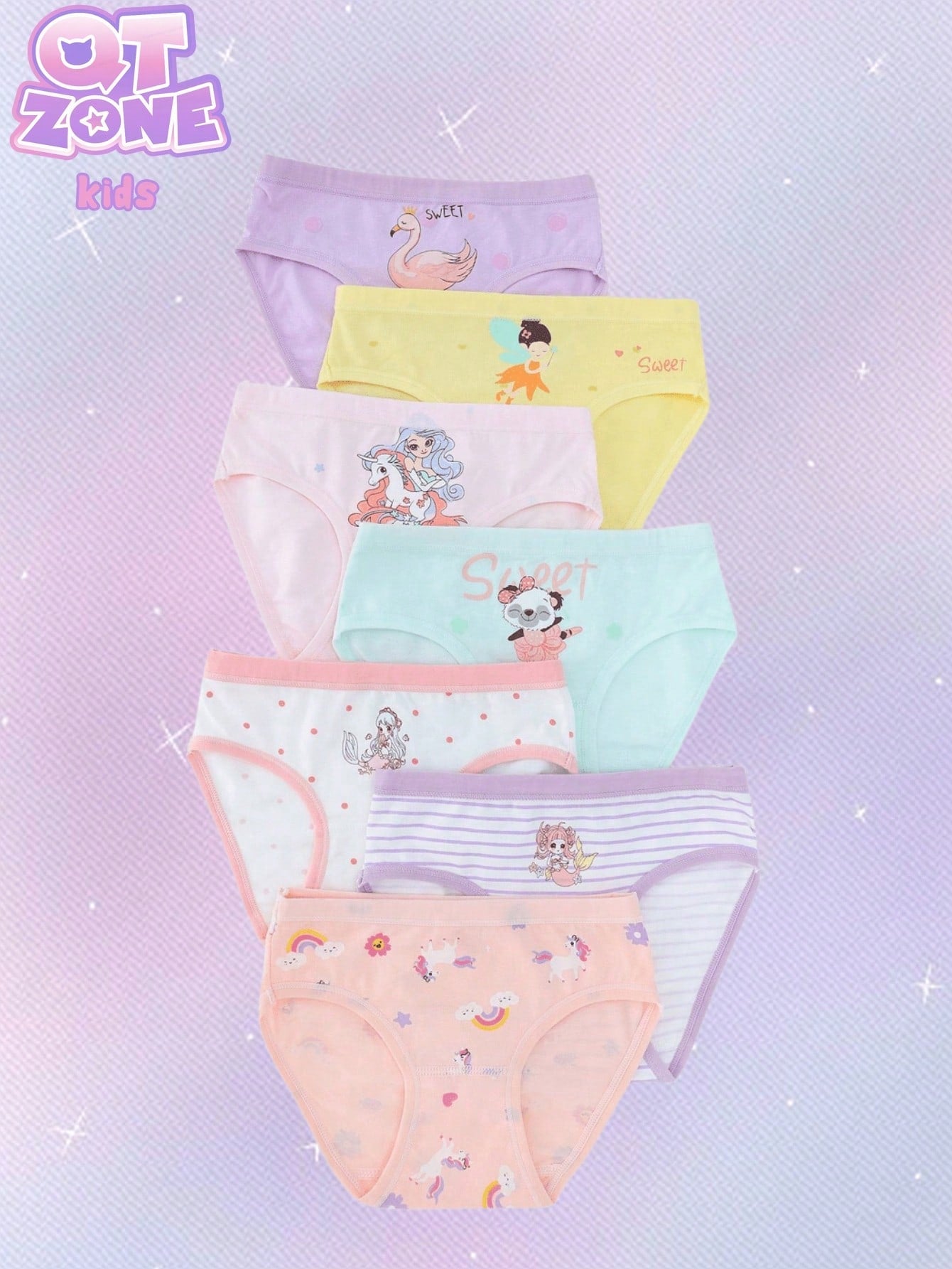 7pcs/Pack Young Girls Cute Print Contrast Color Waistband Briefs Underwear, Monday To Sunday