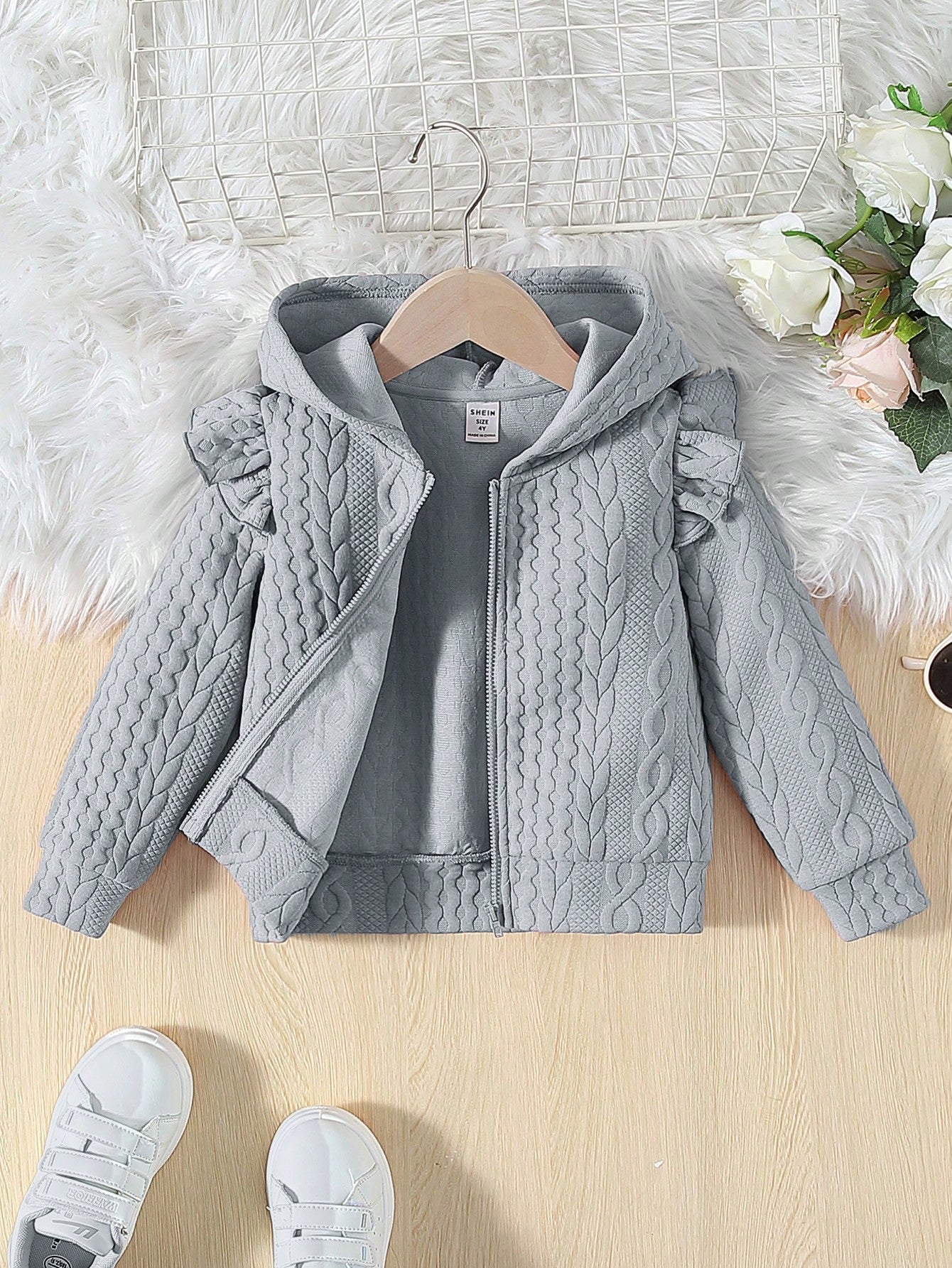 Young Girl Ruffle Trim Zip Up Hooded Jacket