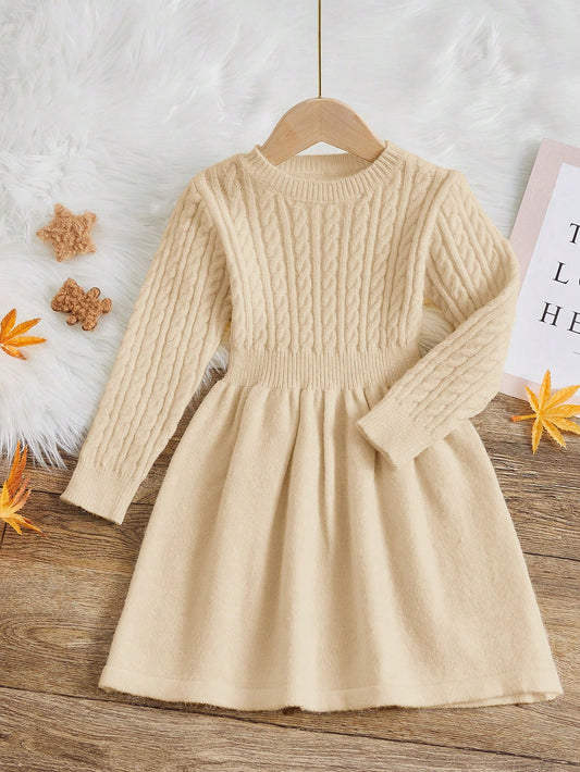 Young Girl Solid Color Long Sleeve Knitted Sweater Dress, Spring & Autumn