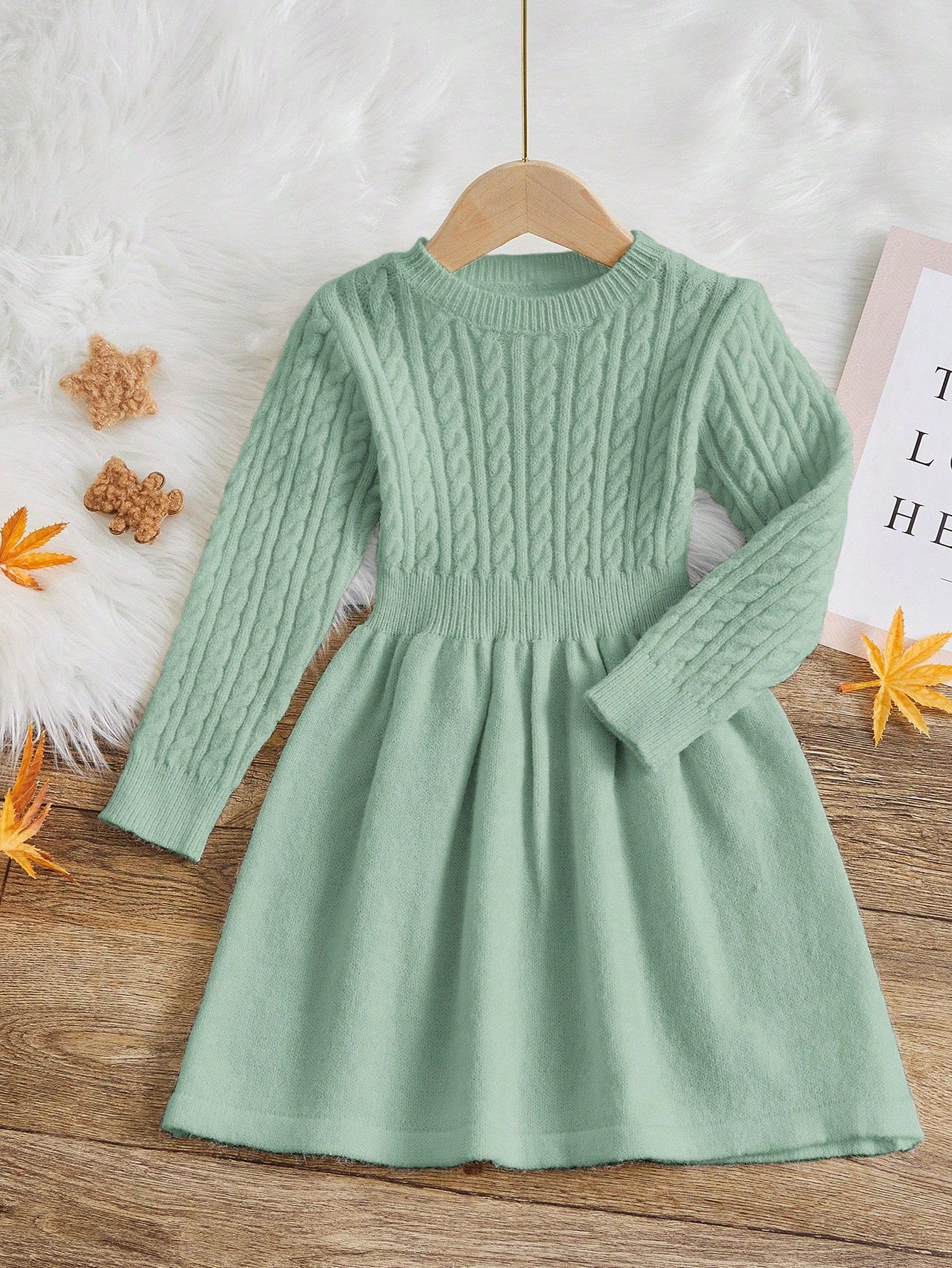 Young Girl Solid Color Long Sleeve Knitted Sweater Dress, Spring & Autumn