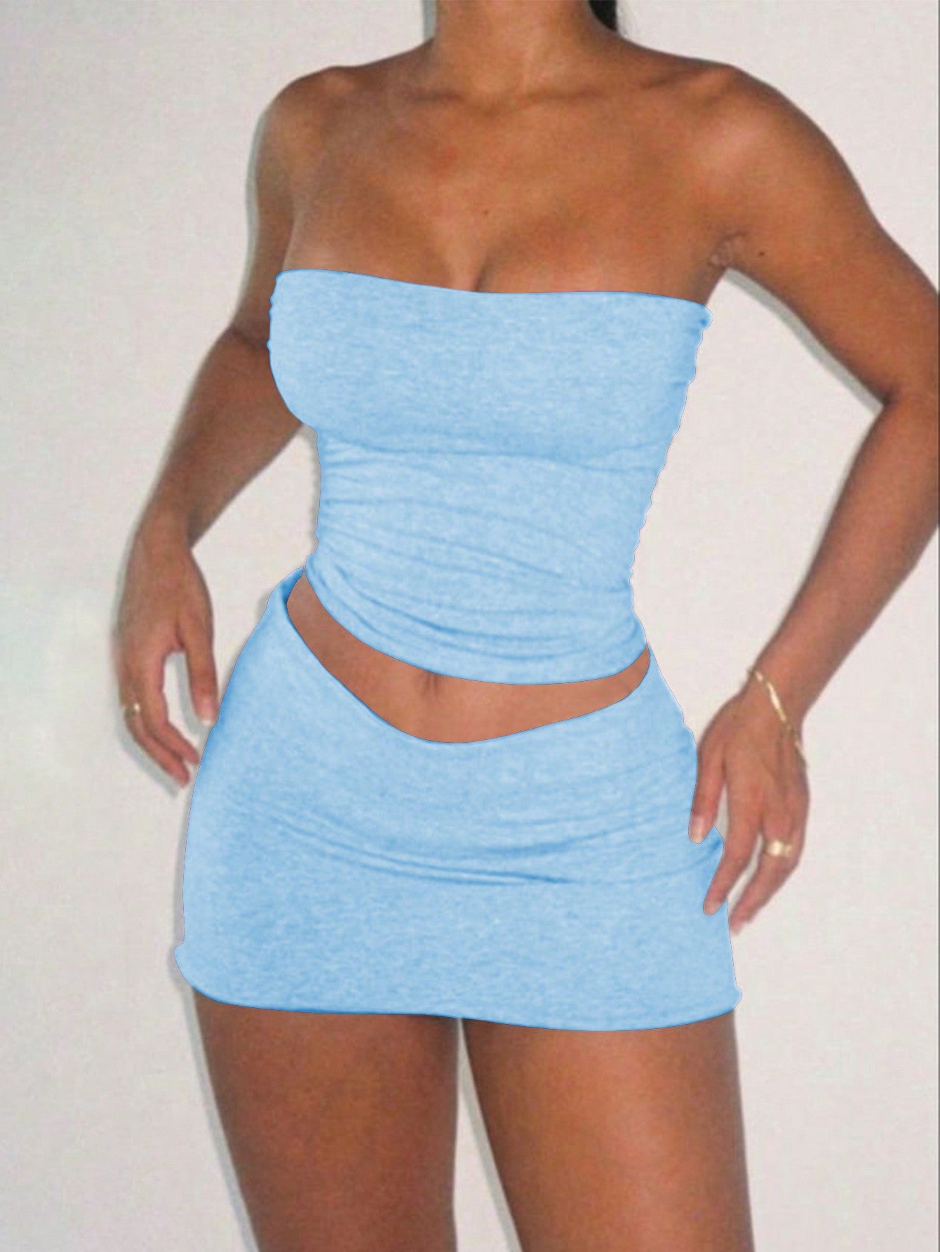 Women Solid Strapless Tops & Short Skirt For Summer