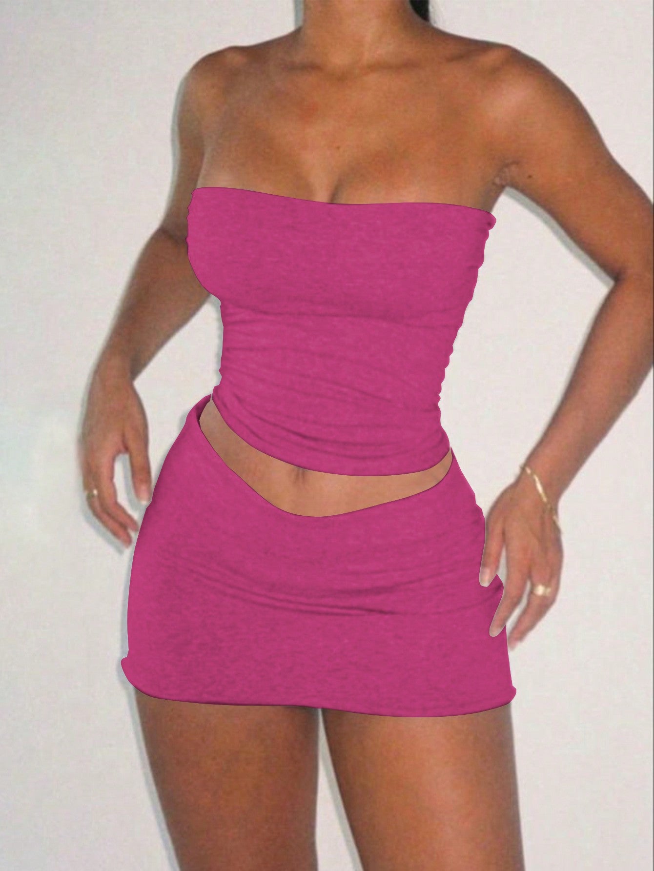 Women's Summer Casual Solid Color Strapless Top & Mini Skirt Set, Slim Fit