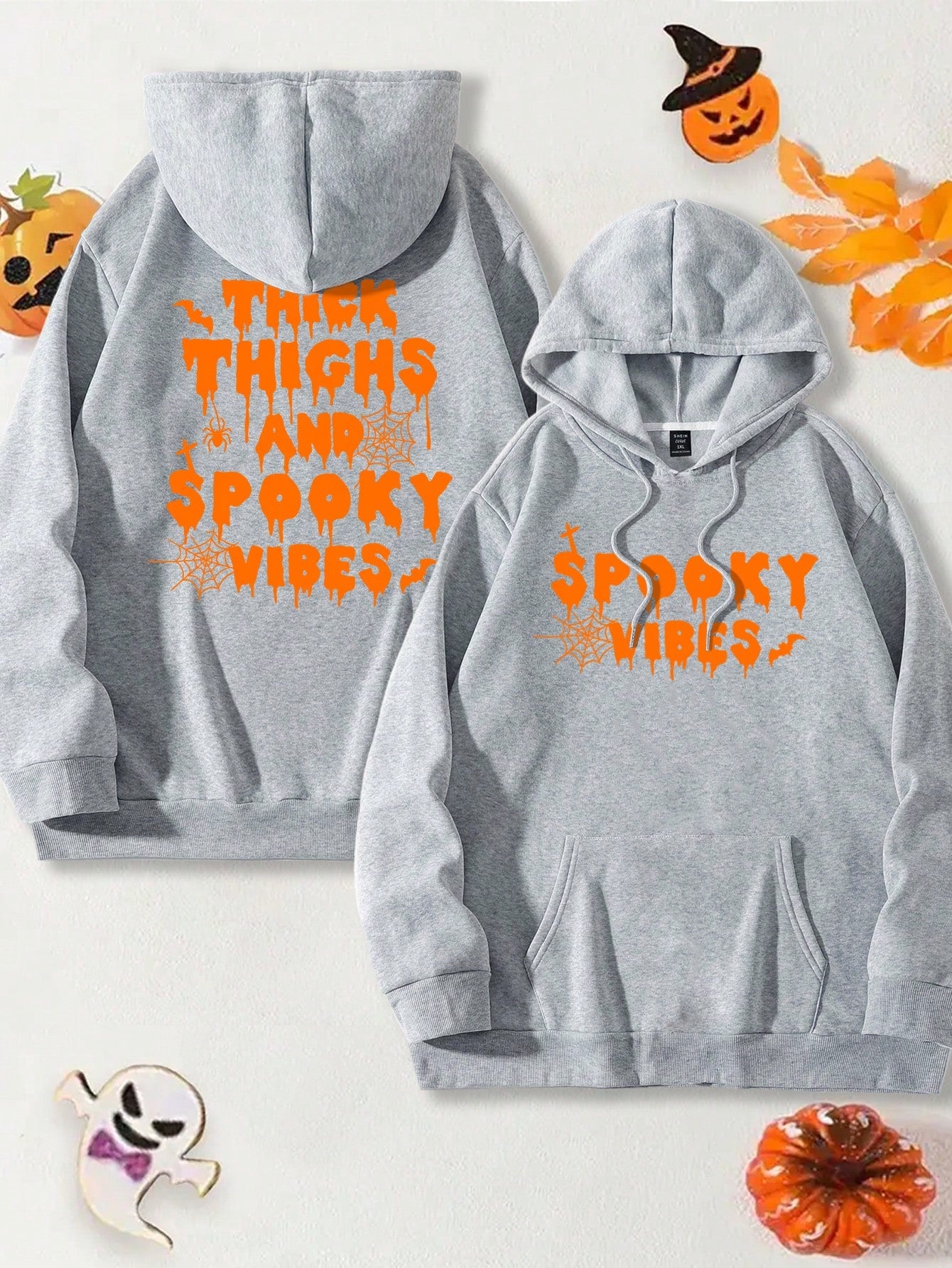 Plus Size Women's Spider Web&Slogan Graphic Drawstring Hooded Fleece Sweatshirt