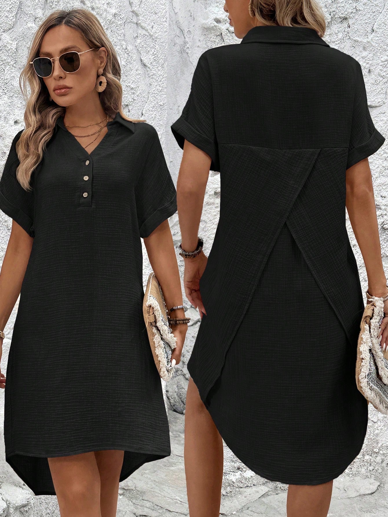 Women's Collarless Button-Decorated Back Overlapping Asymmetrical Hem Linen Cotton Blend Casual Shirt Dress For Summer Vacation