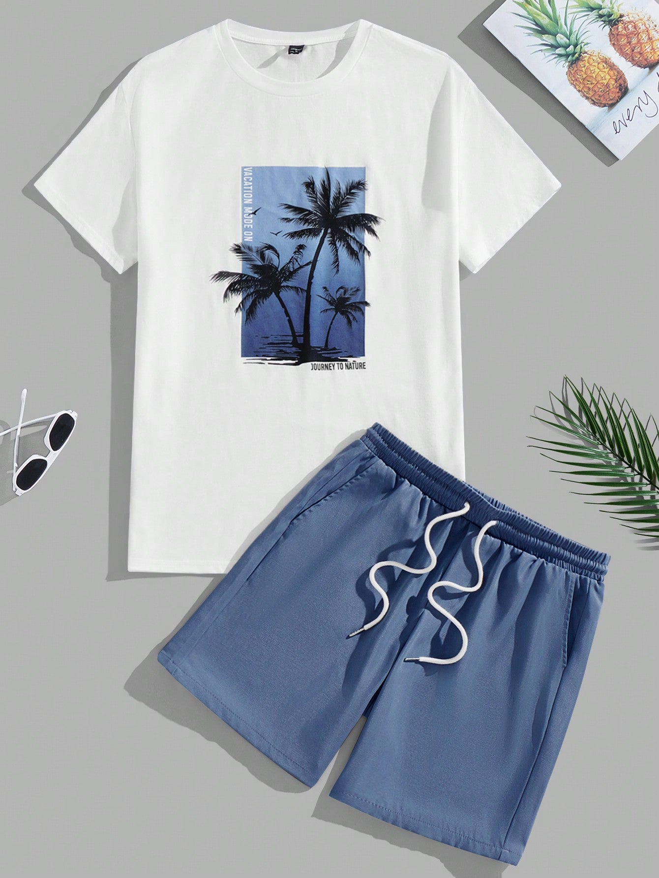 Men Tropical Print Tee & Drawstring Waist Shorts