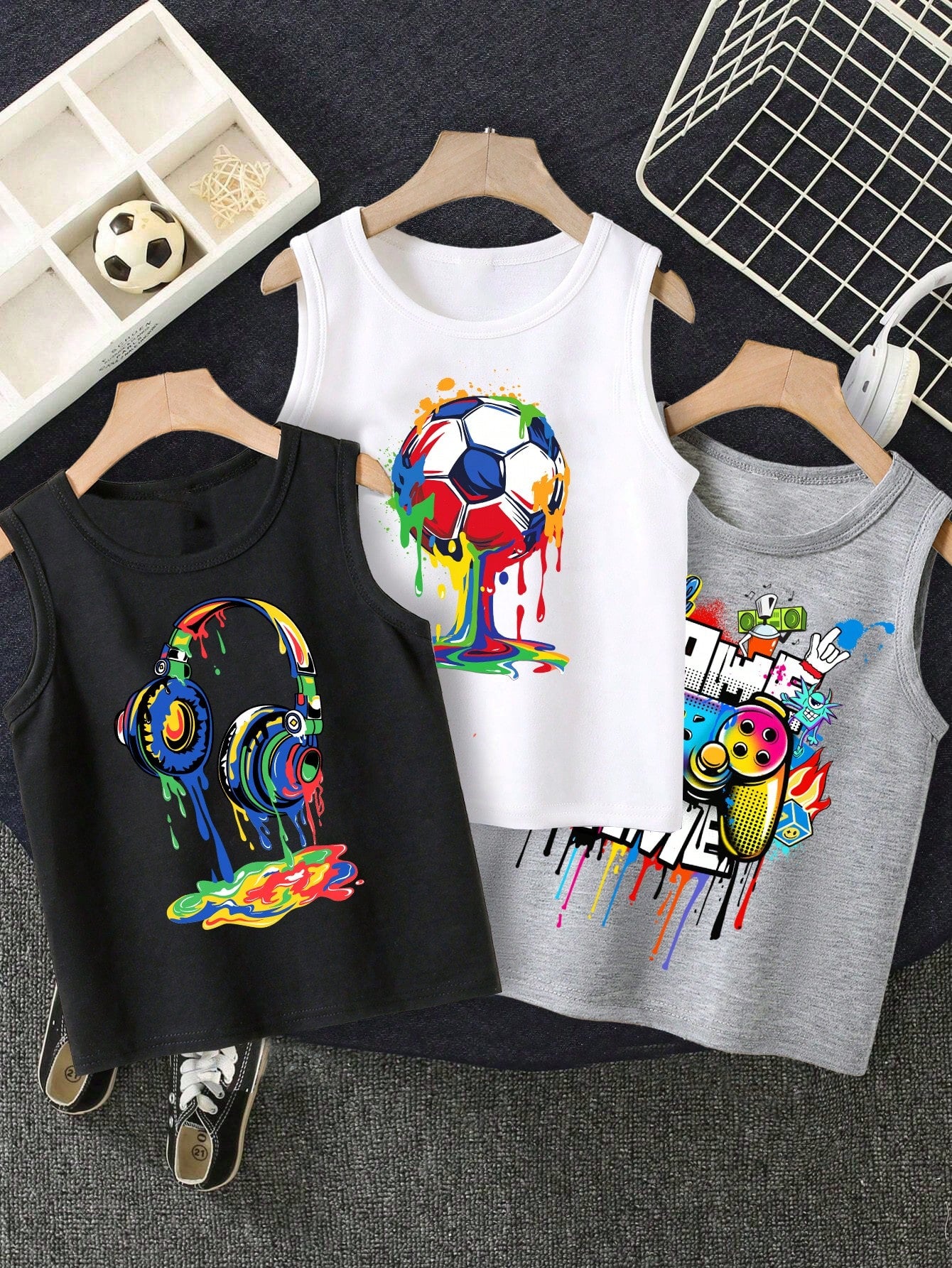 3pcs/Set Tween Boys' Casual Cartoon Football, Headphones & Game Console Graphic Round Neck Tank Tops For Summer Sports Season