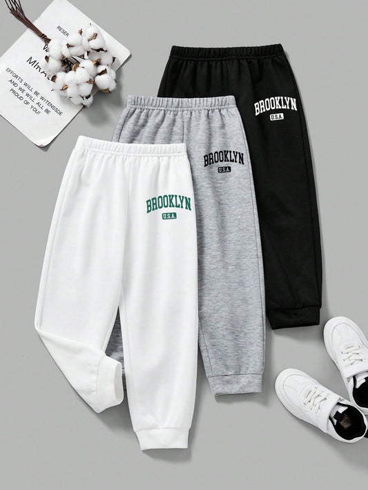 3pcs USA Brooklyn Young Boy Style Casual Loose Fit Long Sweatpants, White/Gray/Black, Suitable For Autumn/Winter