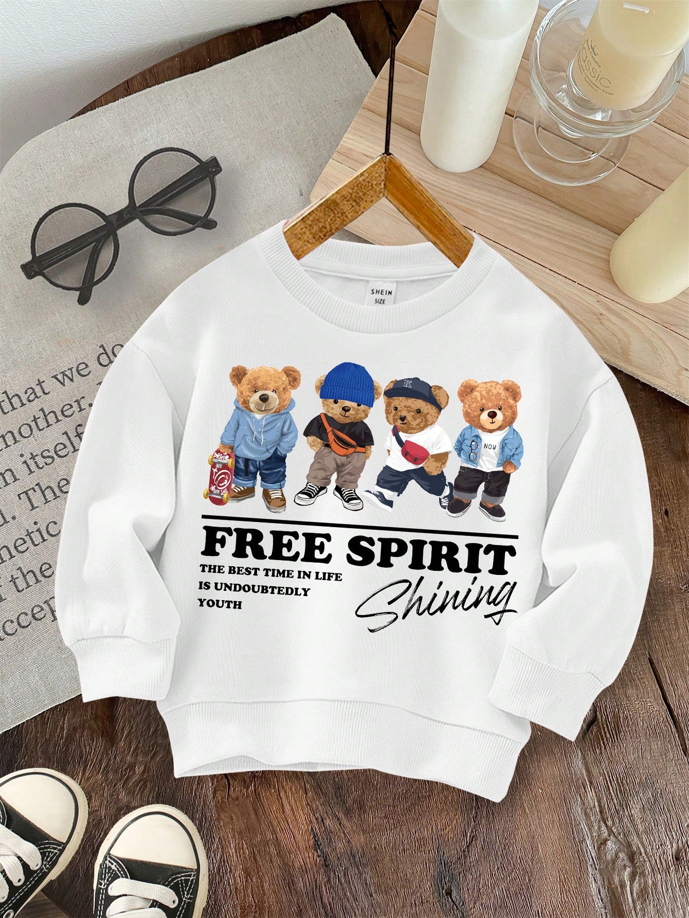 Young Boy Bear & Slogan Graphic Thermal Lined Sweatshirt