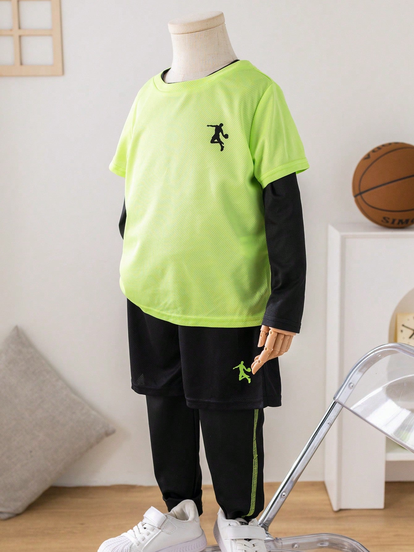 4pcs/Set Young Boy Joggers, Colorblock Long Sleeve Round Neck T-Shirt, Solid Color Pants With Basketball Print, And Short Sleeve Round Neck T-Shirt With Shorts Knit Sports Suit