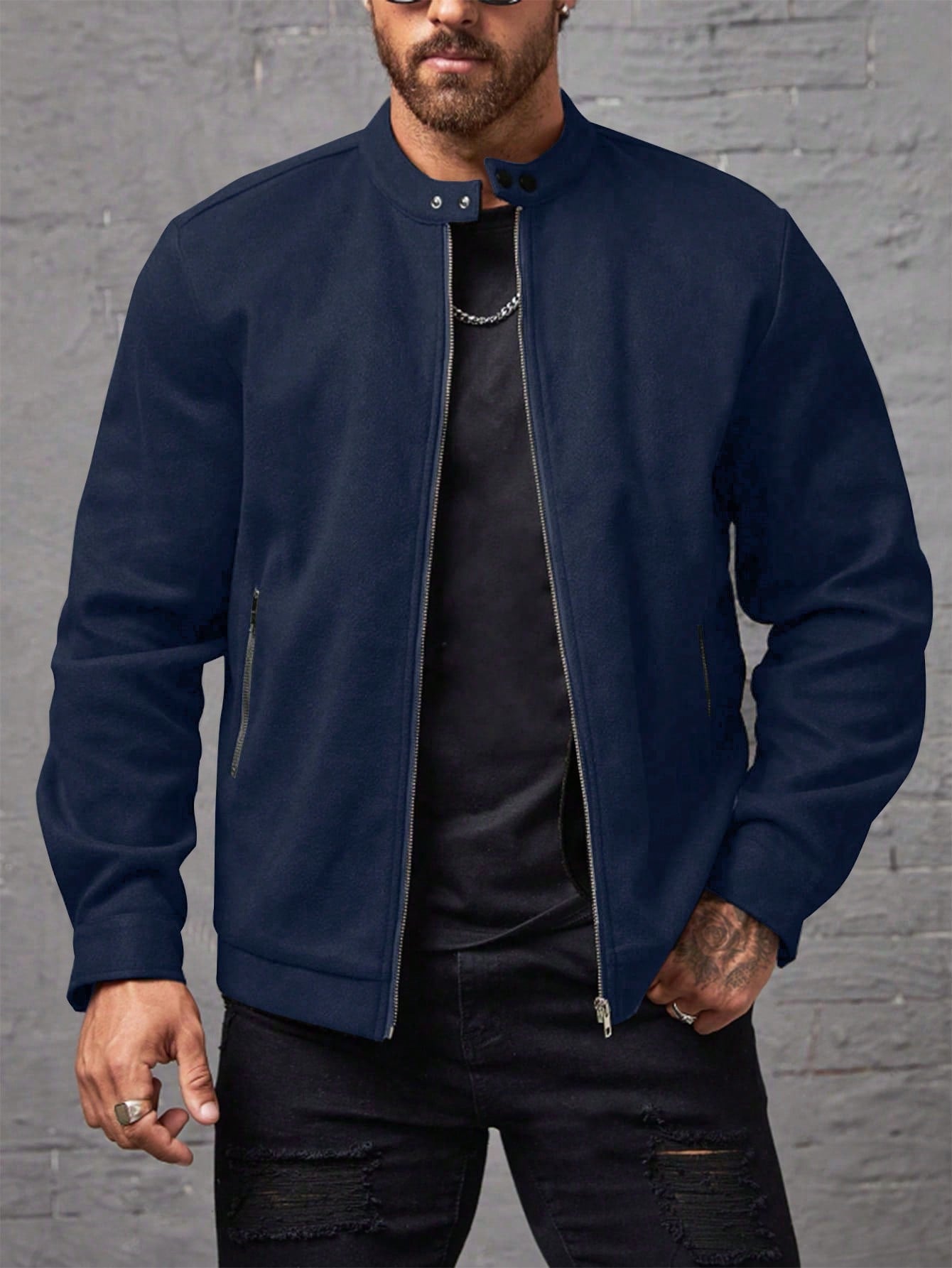 Loose Fit Men's Solid Color Zipper Coat