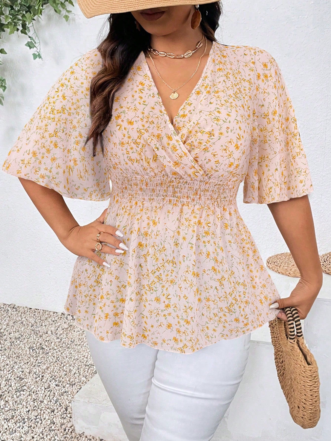 Plus Size Floral Print Ruffle Sleeve Vacation Style Spring/Summer Shirt With V Neckline